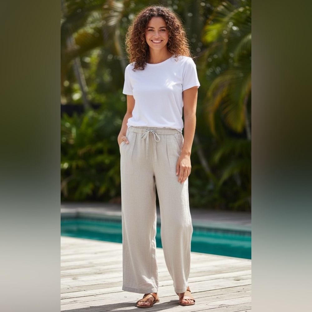 Sigrid Olsen off-white linen wide leg pants,waist drawstring, side pockets, XS